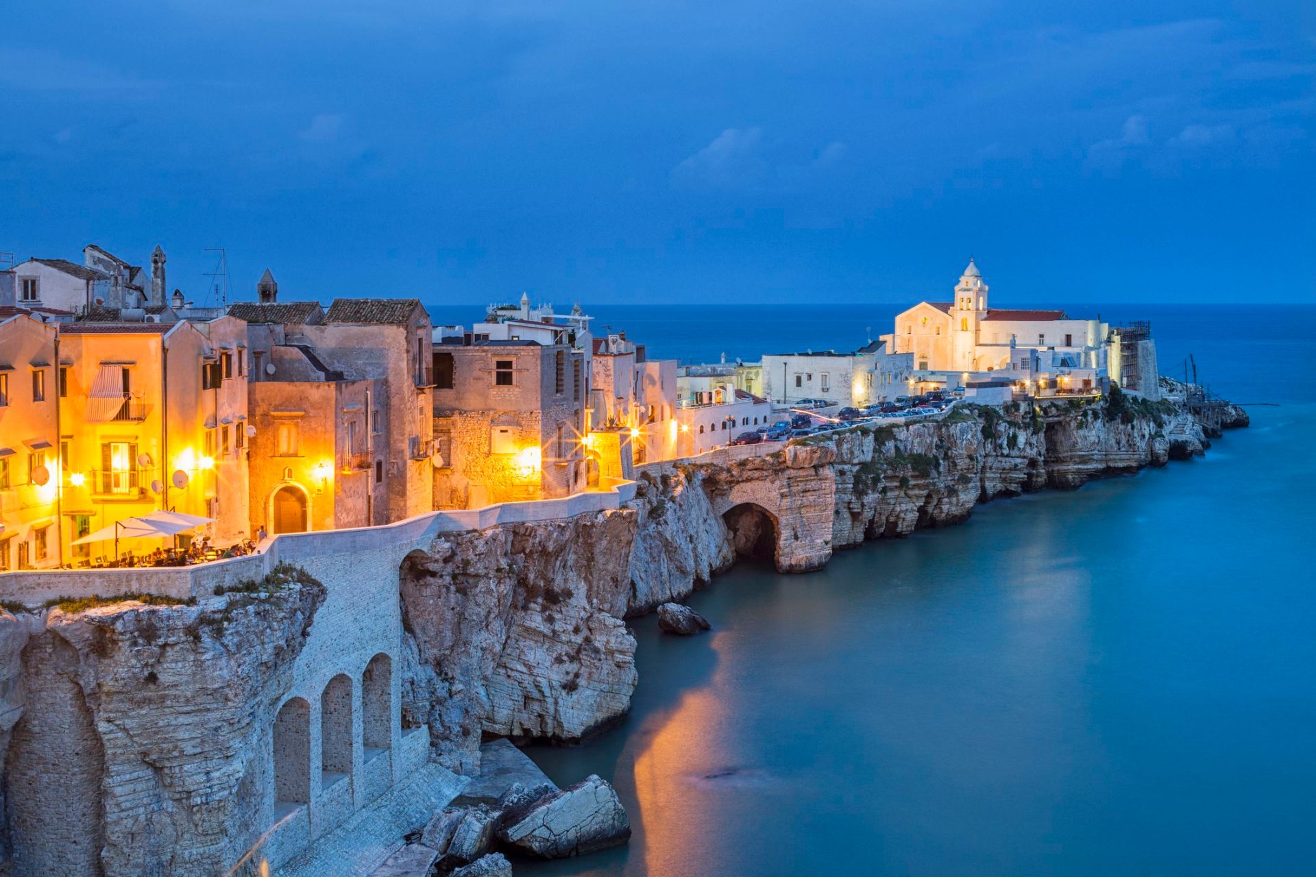 Vieste old town cliffs at dusk on the Puglia coast