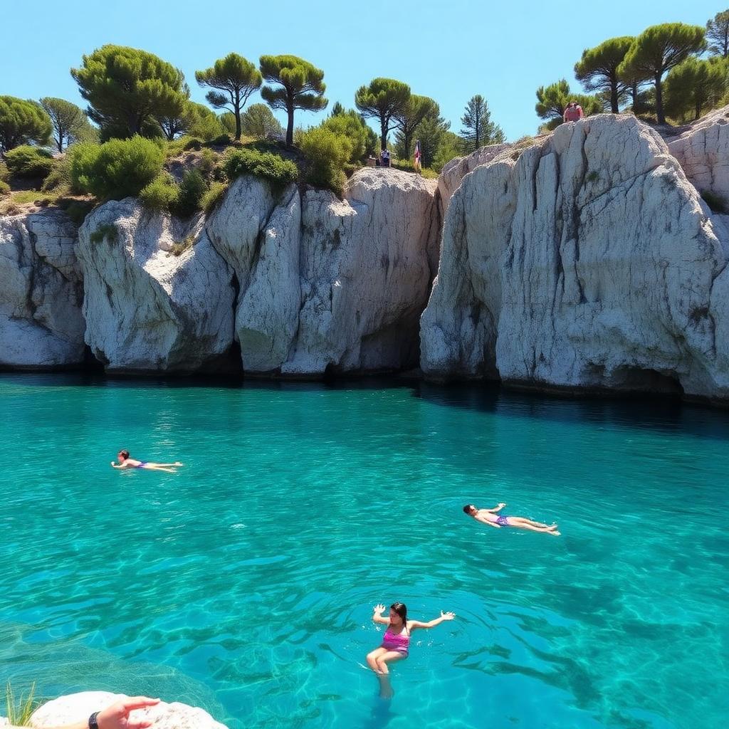 Swimmers in the clear Adriatic cove near Dubrovnik