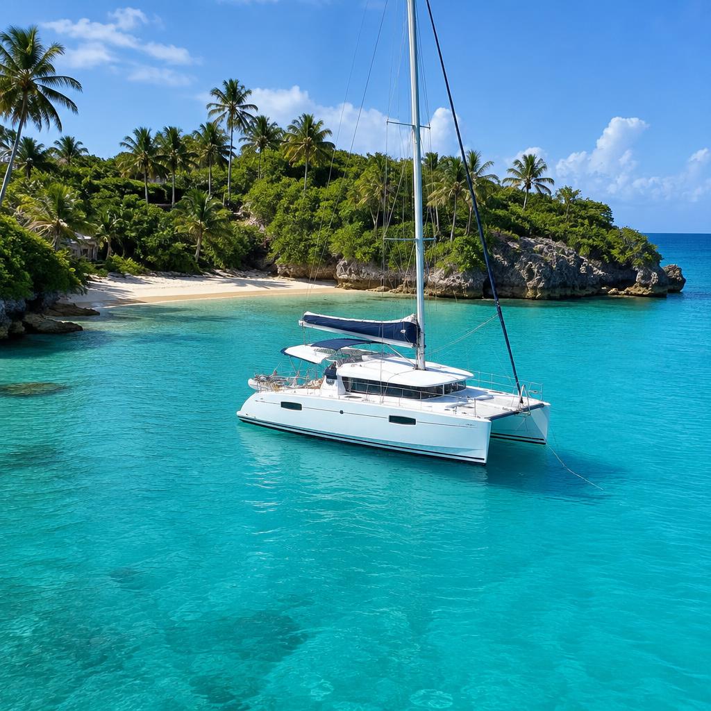 Catamaran anchored in a hidden cove on the Barbados coast