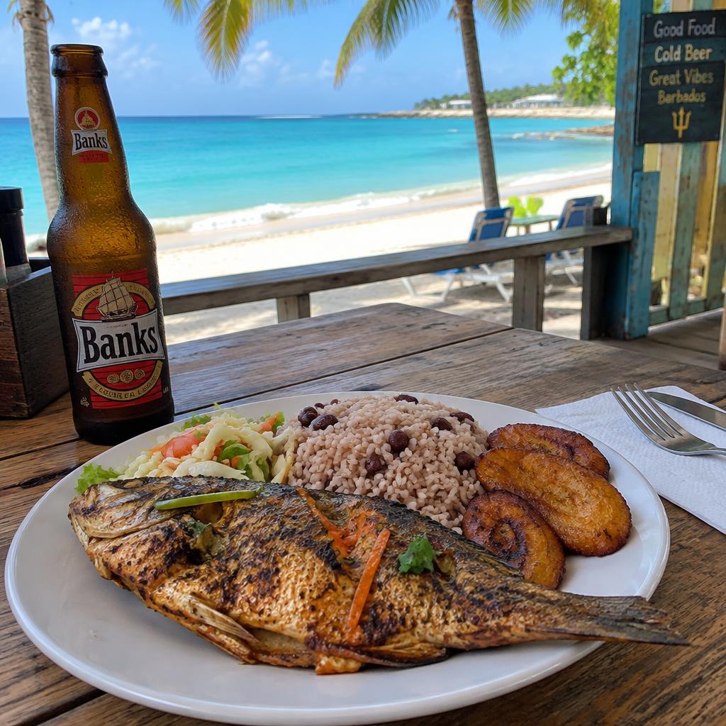 Beach lunch of grilled fish and a cold beer