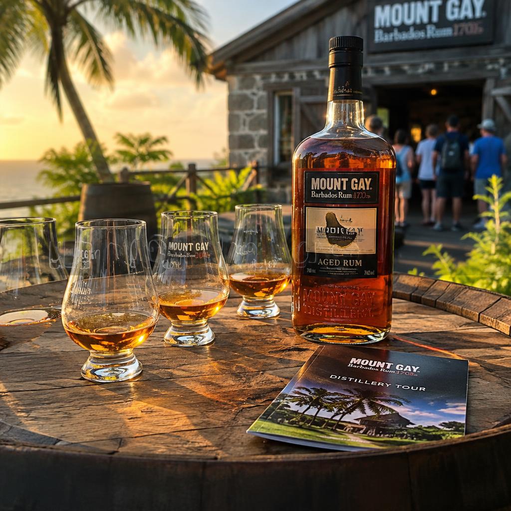 Rum tasting glasses on a barrel at the Mount Gay distillery
