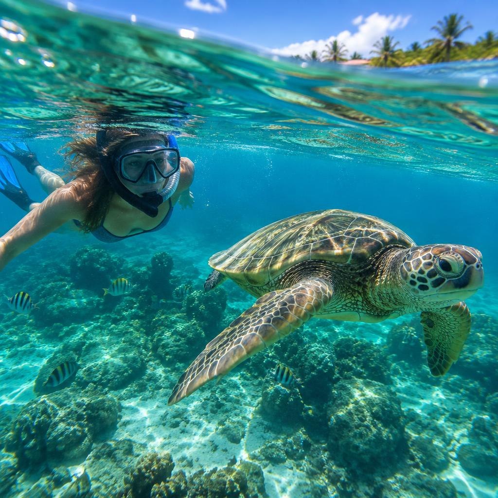 Swimming with a sea turtle in crystal clear water